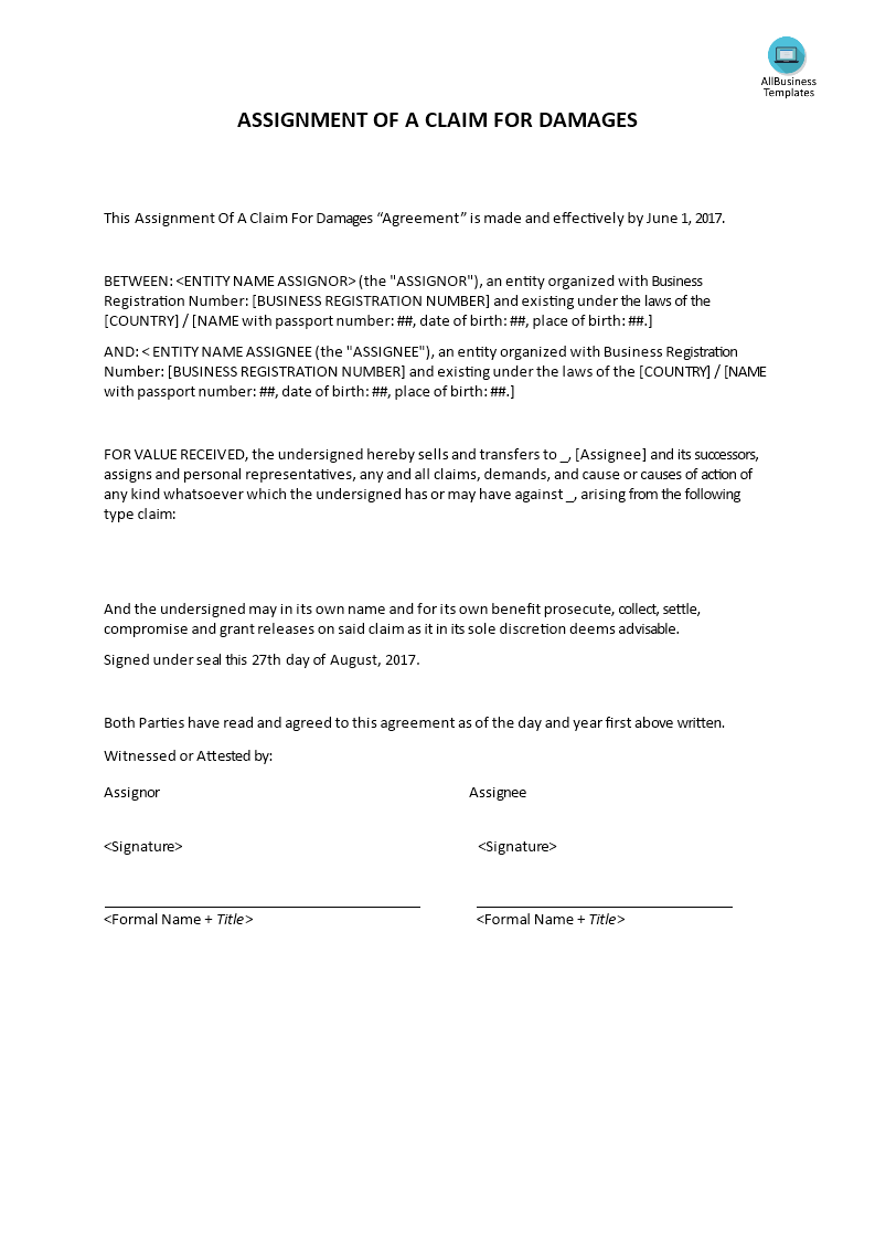 Assignment For A Claim For Damages - Premium Schablone With claim assignment agreement template