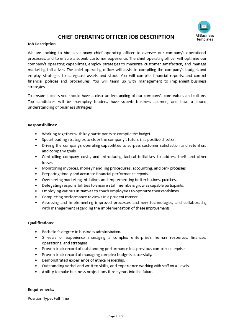 chief operating officer job description voorbeeld afbeelding 