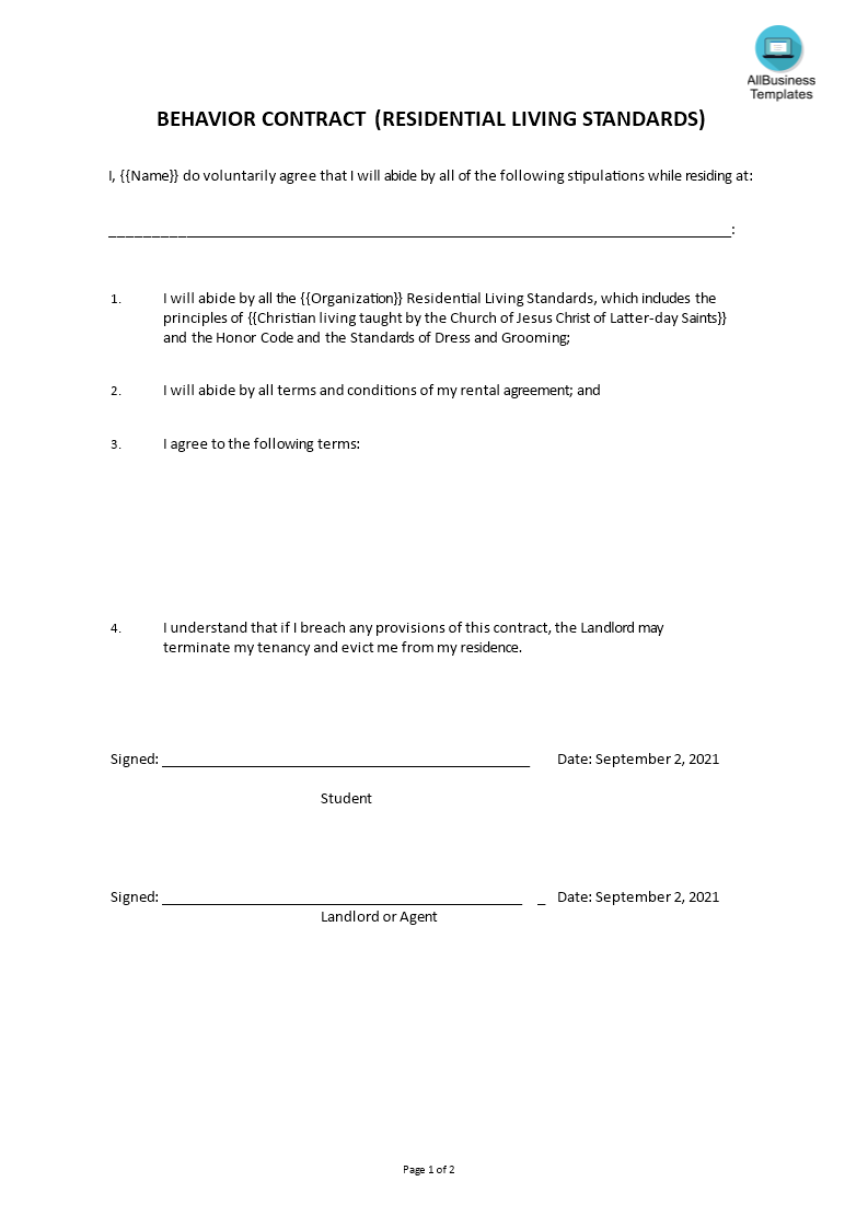 Kostenloses Behavior Contract Template Within good behavior contract templates