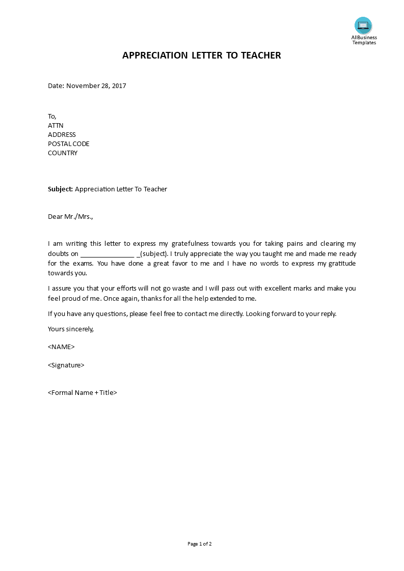 appreciation letter to teacher template