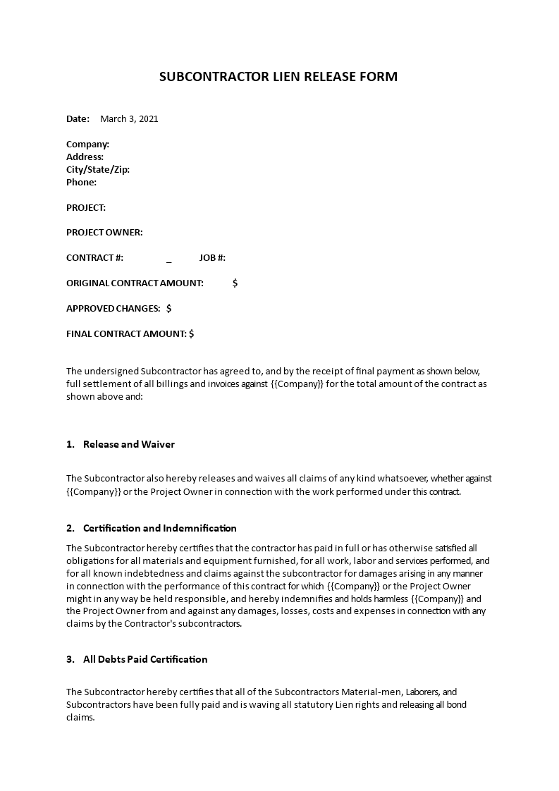 Subcontractors Final Lien Release Form main image