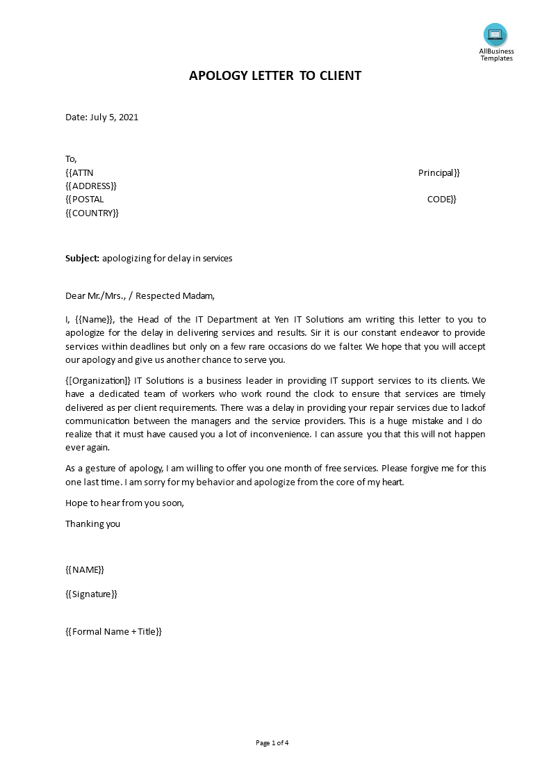 Professional Apology Letter To Client main image