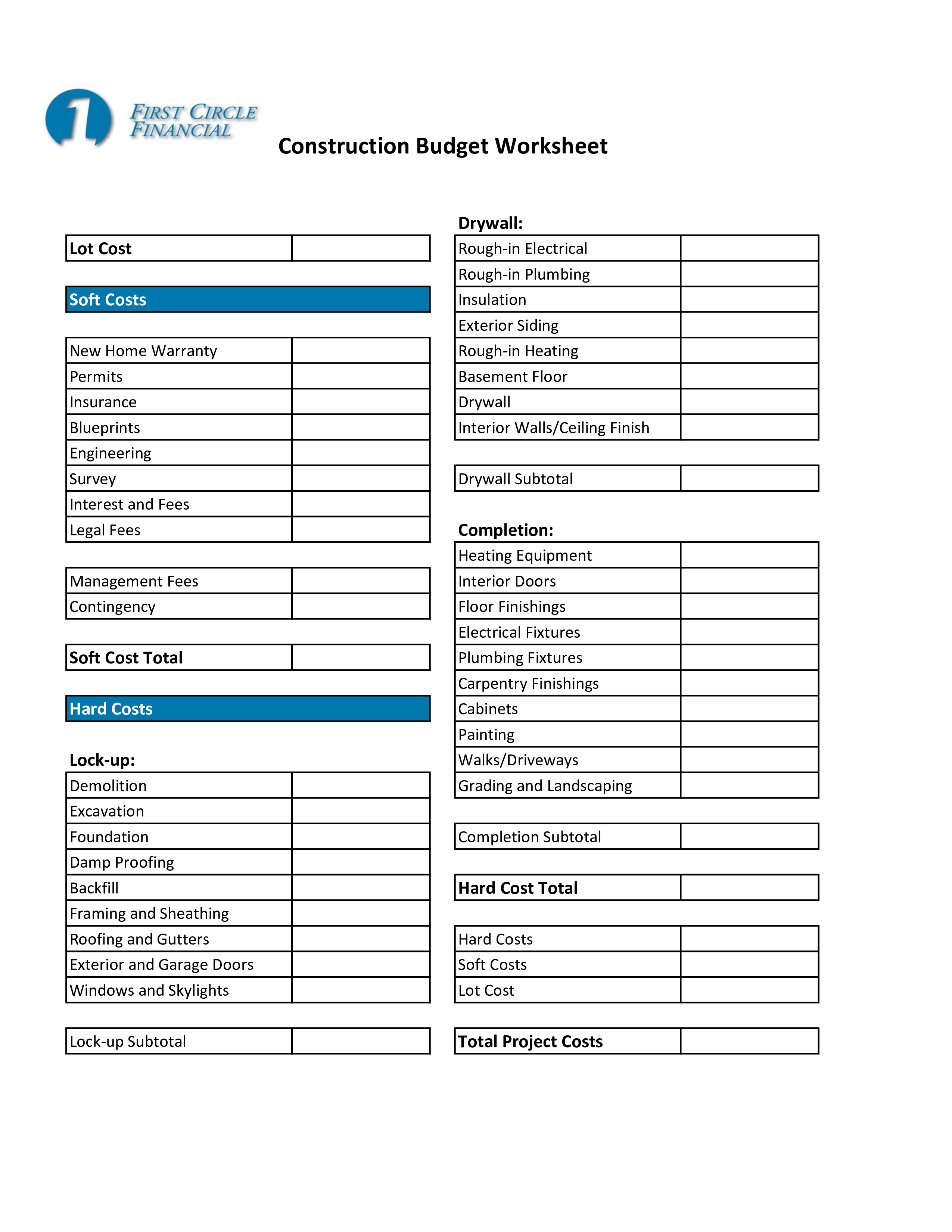 Kostenloses Home Construction Budget Worksheet In Construction Cost Report Template