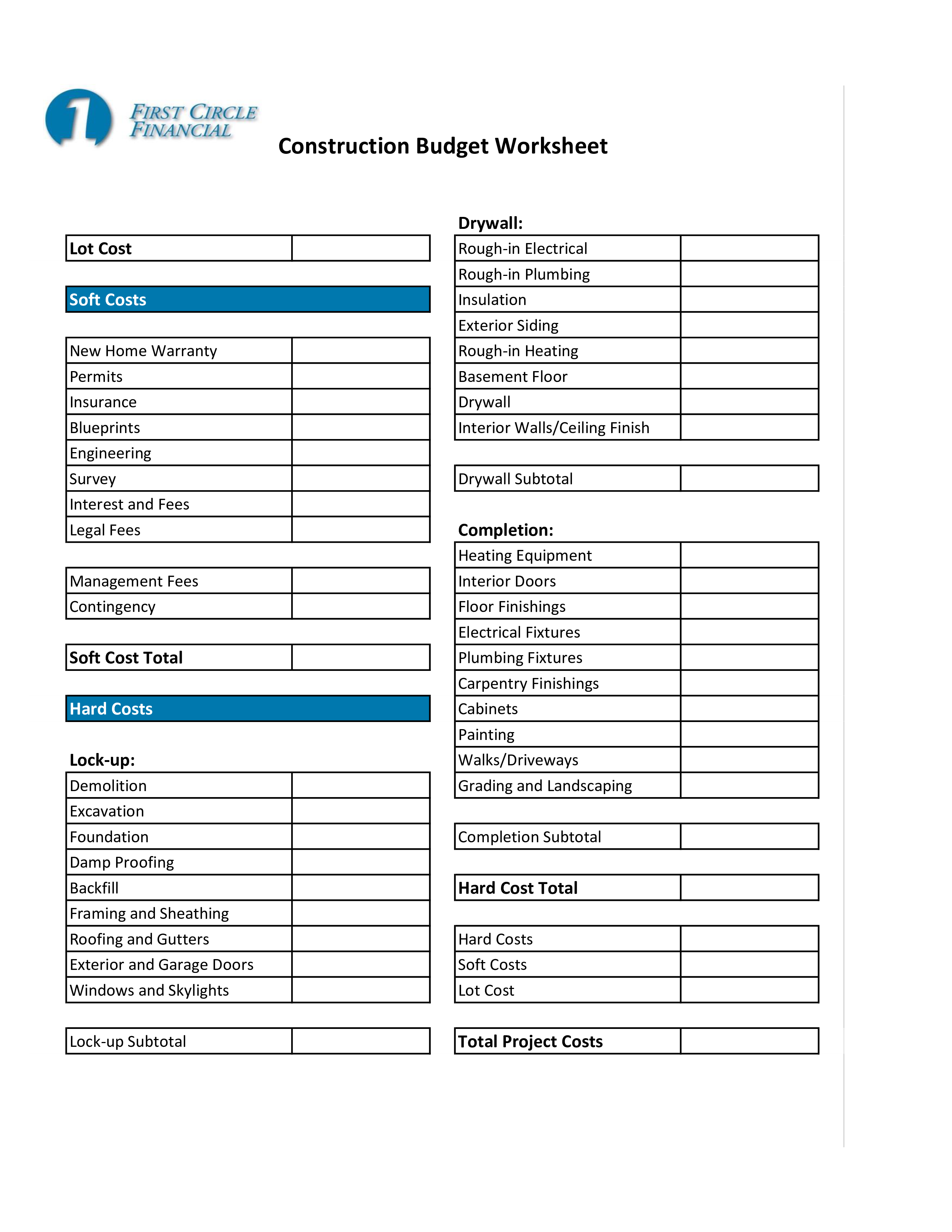 home construction budget worksheet template