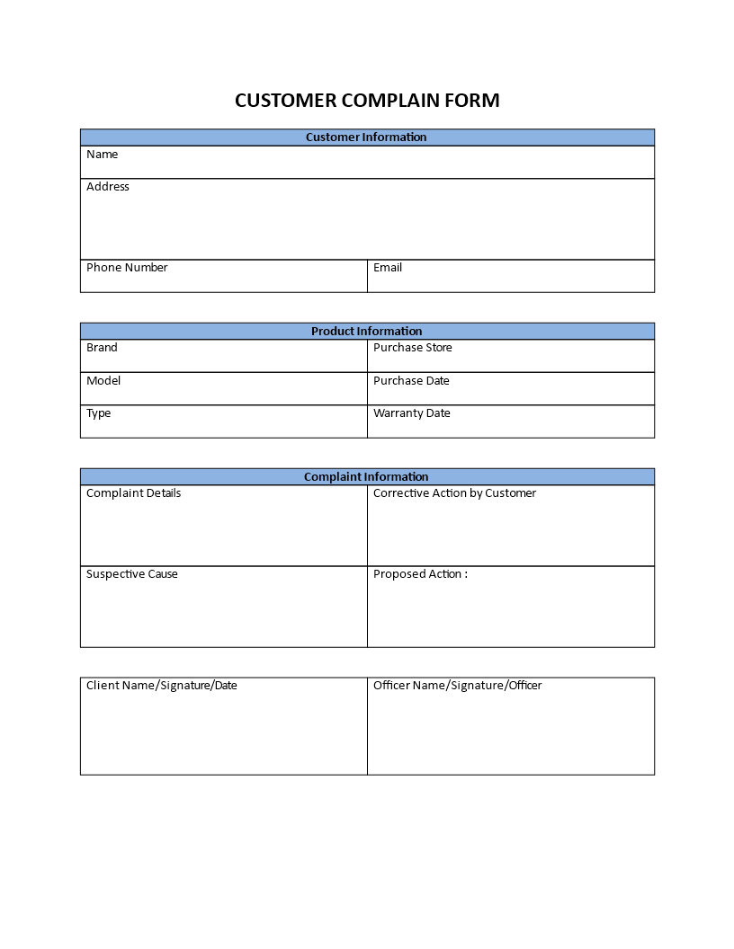 customer complain form template