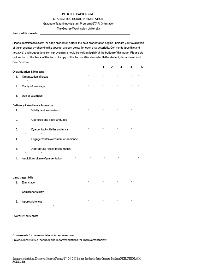 graduate teaching peer feedback form template