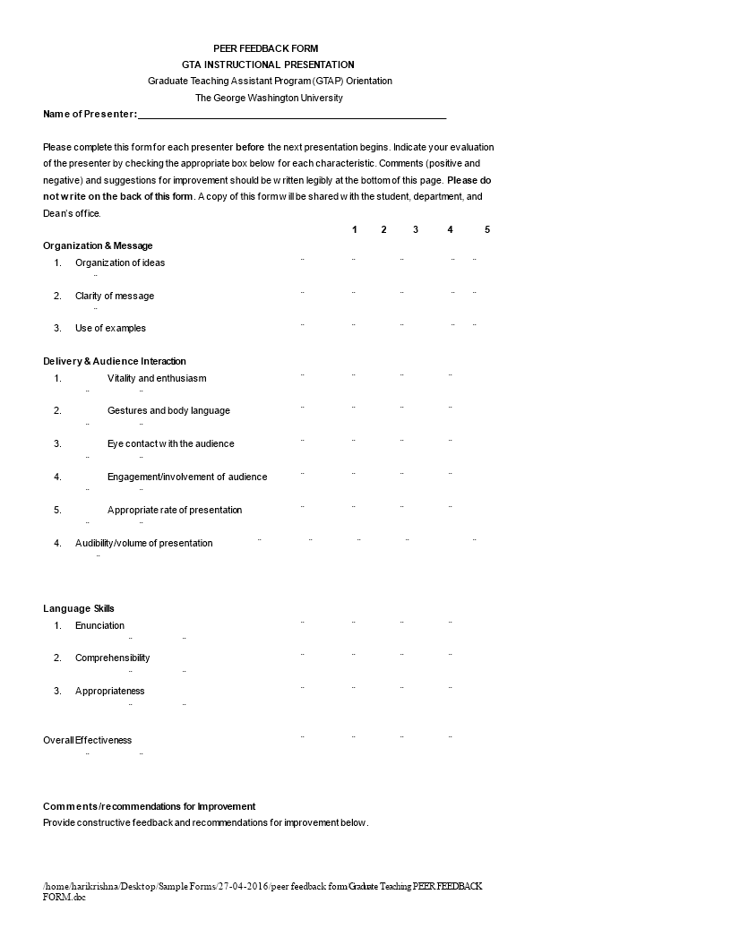 graduate teaching peer feedback form modèles