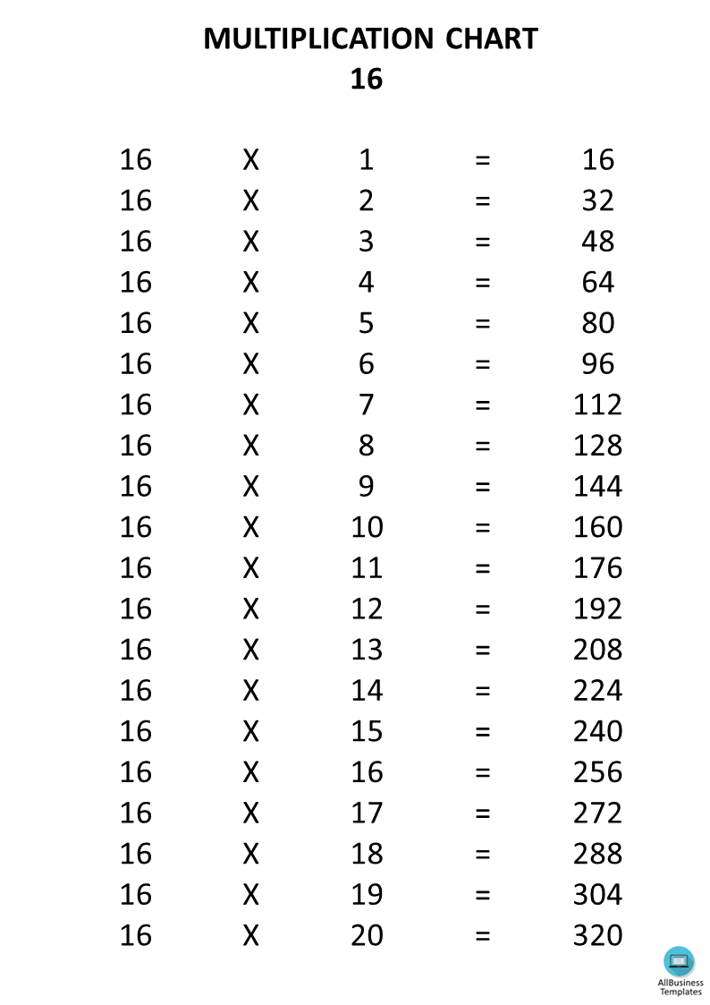 Multiplication Chart x16 main image
