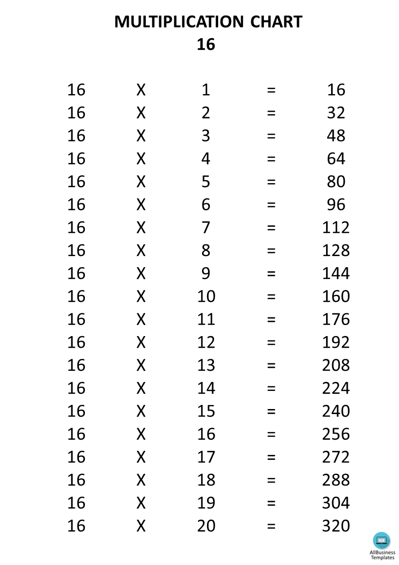 multiplication chart x16 Hauptschablonenbild