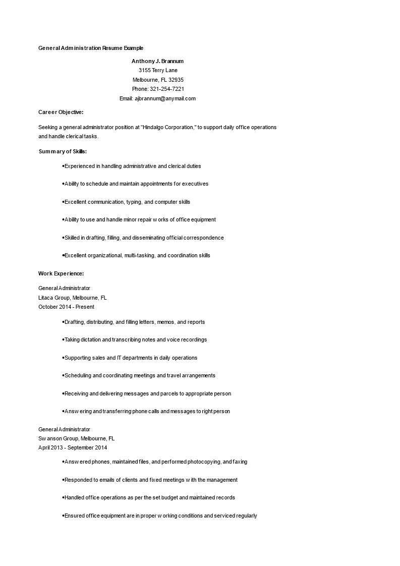 general administration resume template