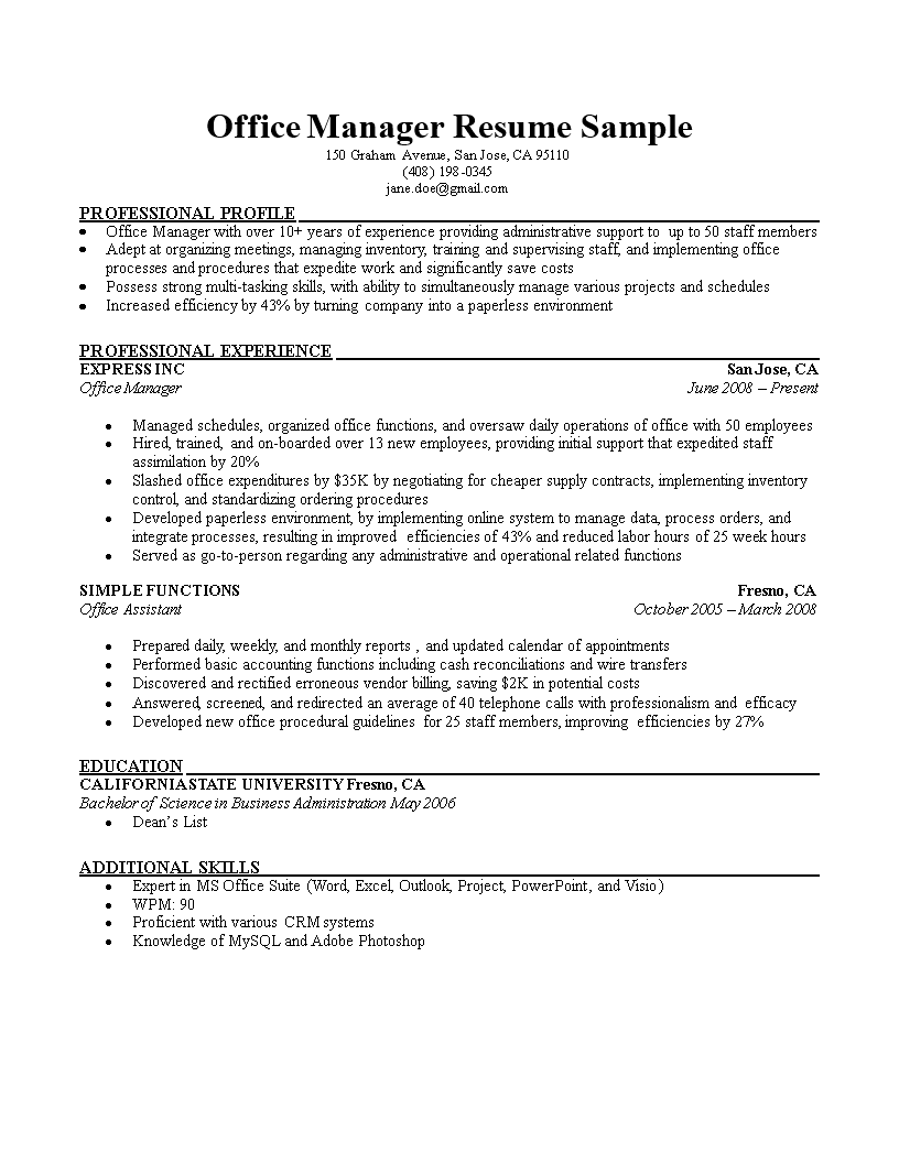 office manager cv modèles