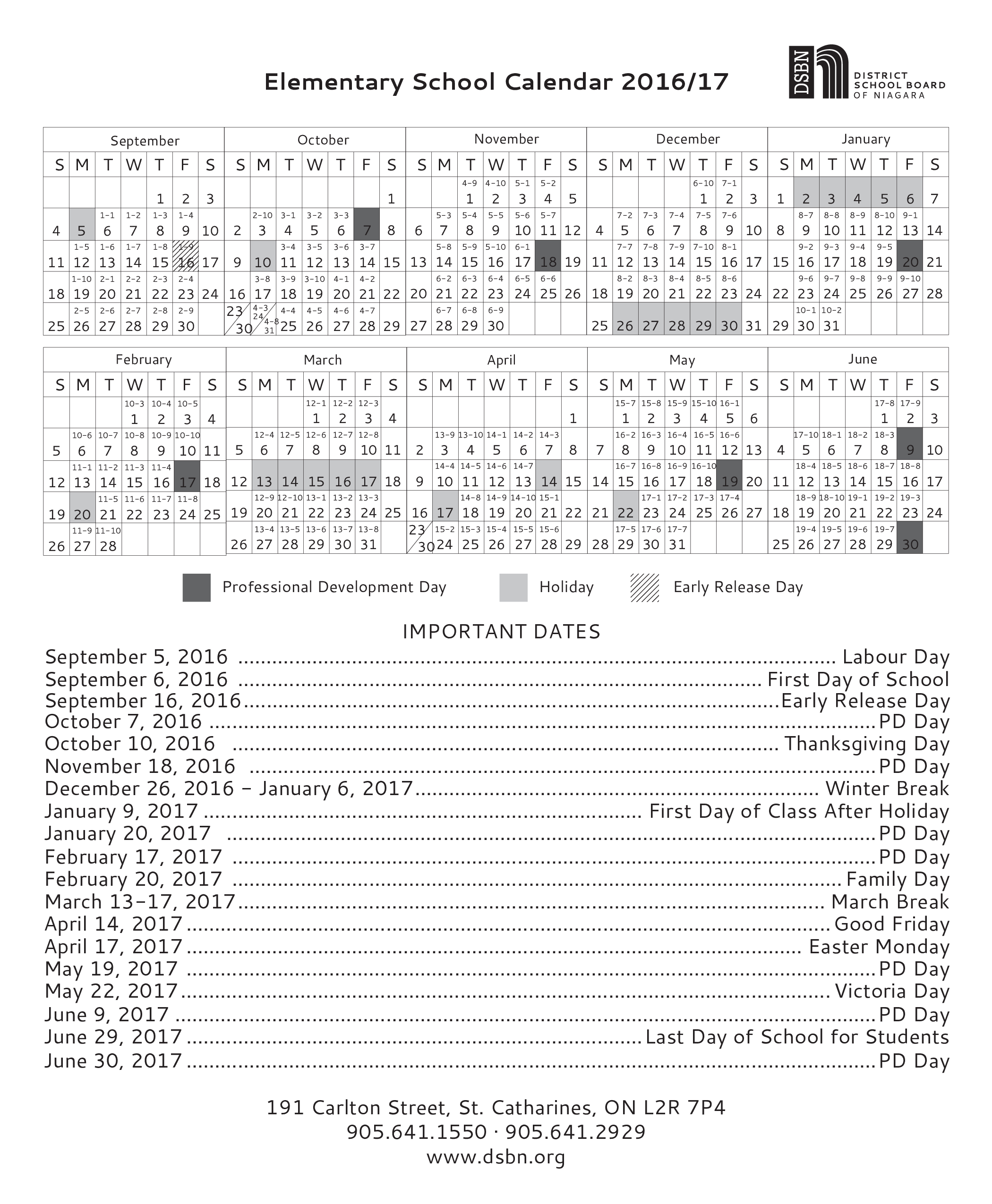 elementary school calendar template