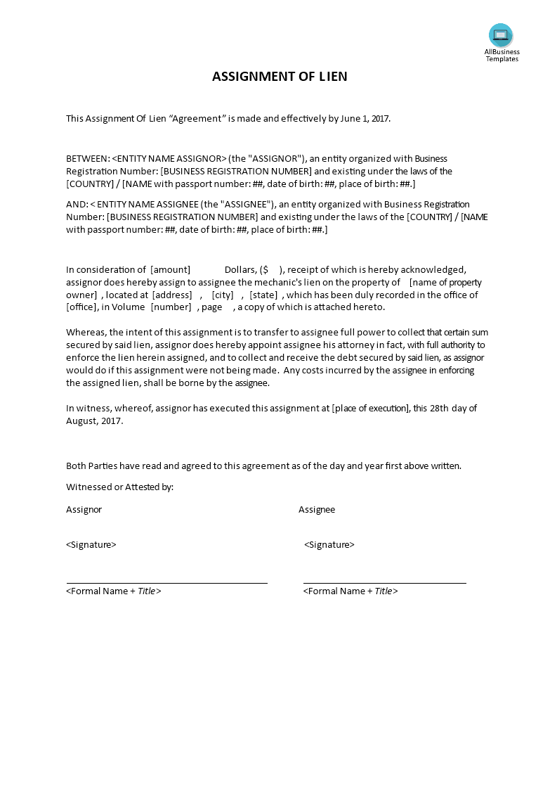 Assignment of lien form Assignment of lien form image