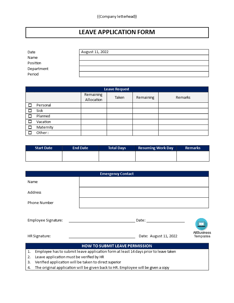 Leave Application Format for Employee Templates at