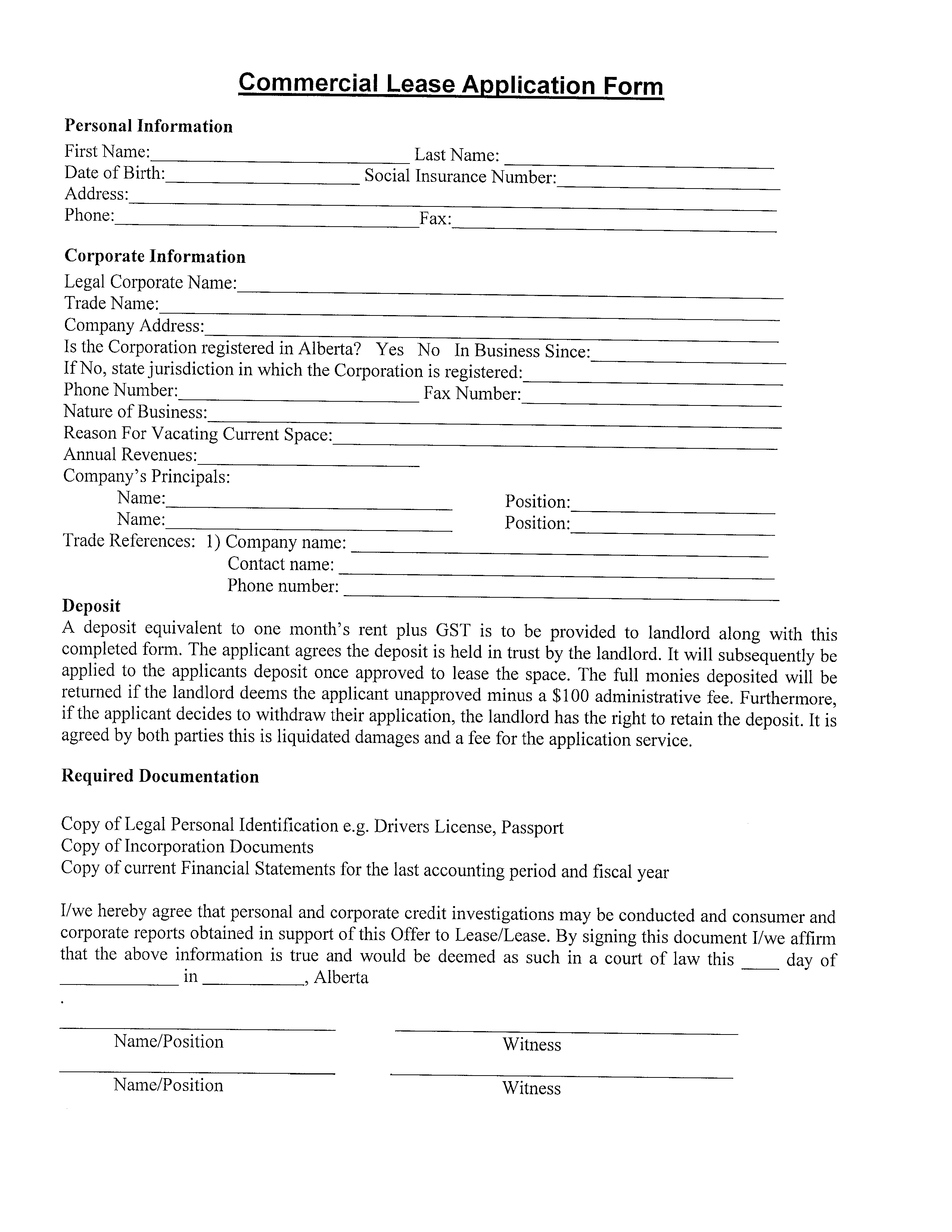 blank commercial lease application form template