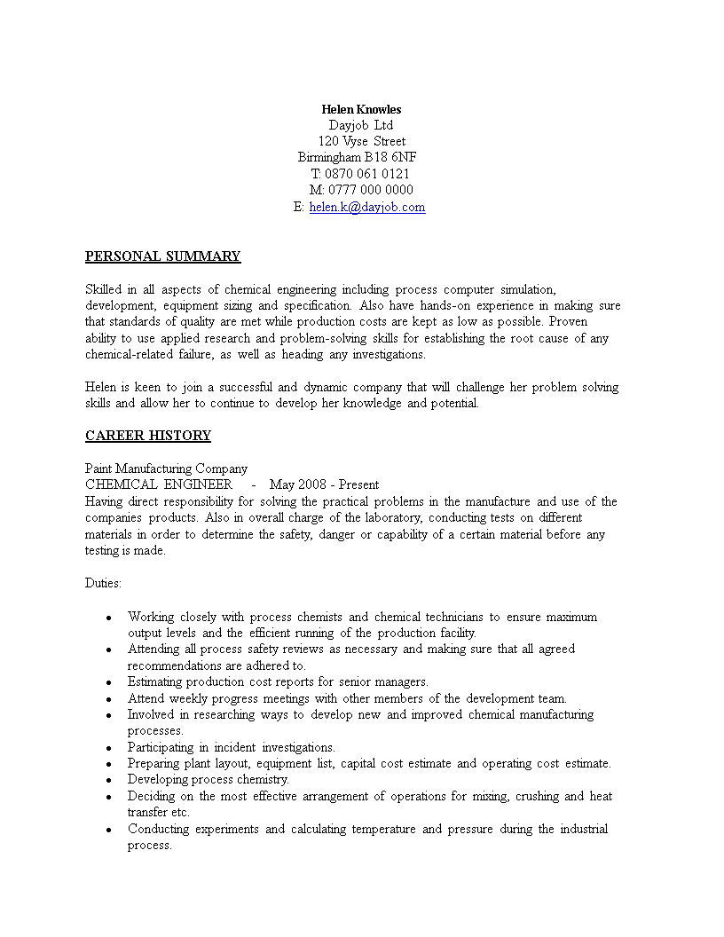 chemical engineering resume sample modèles