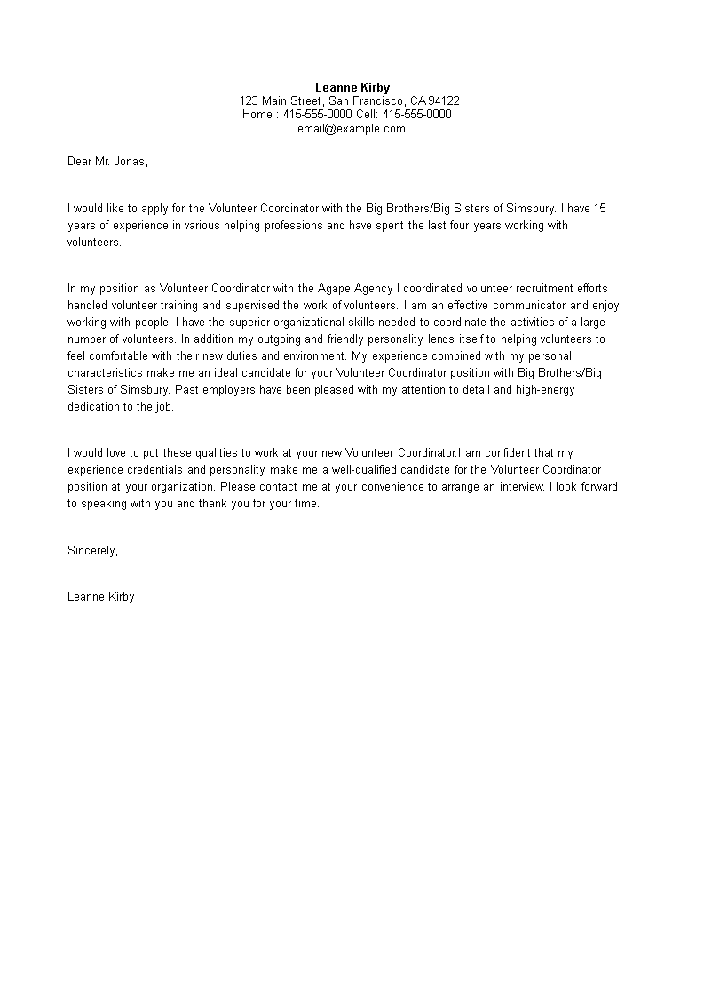 cover letter samples for volunteer position