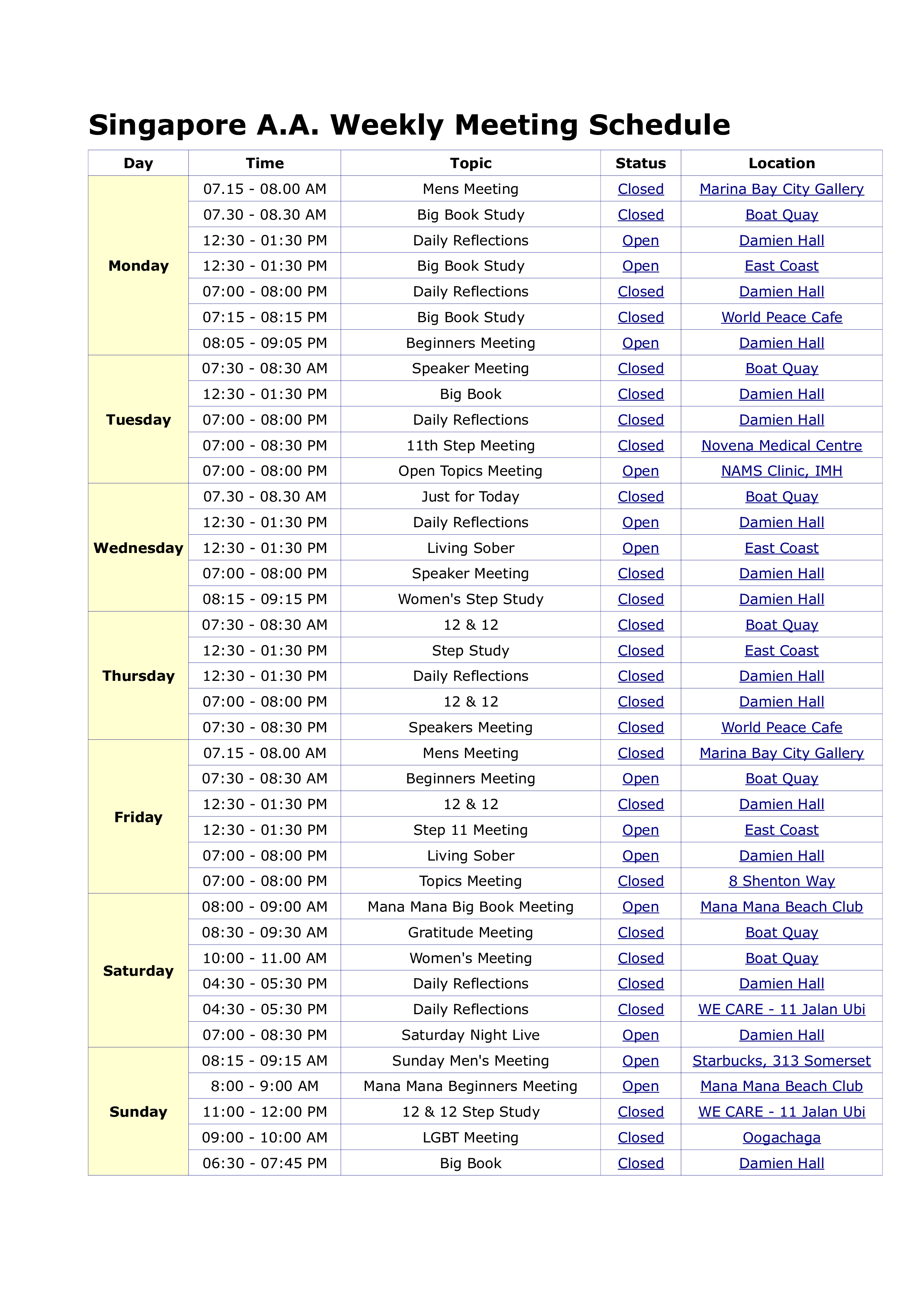 weekly meeting schedule template