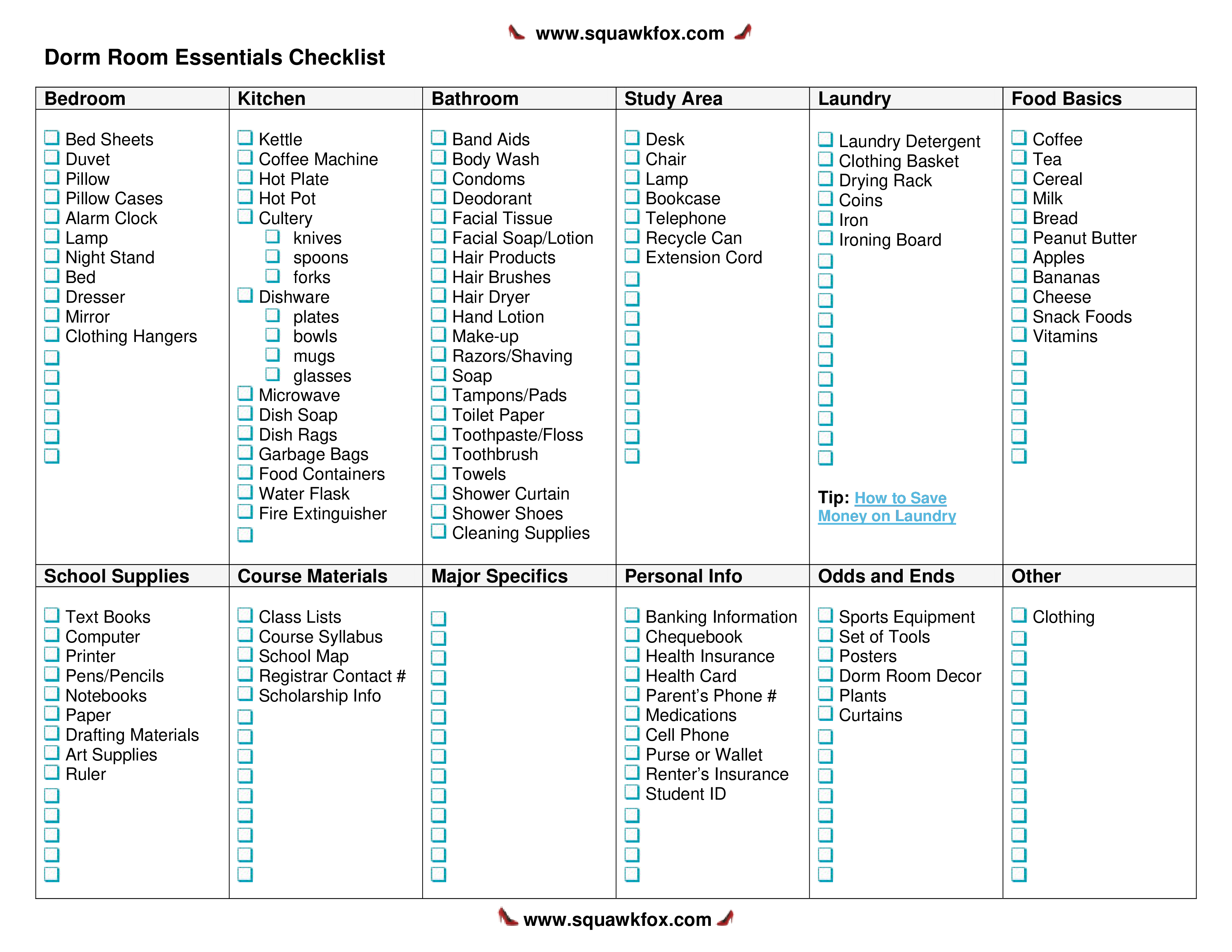 dorm room essentials checklist template