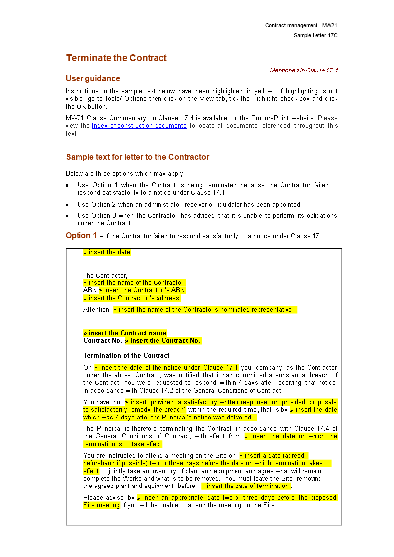 termination letter to the contractor template