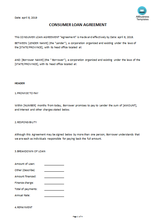 consumer loan agreement Hauptschablonenbild