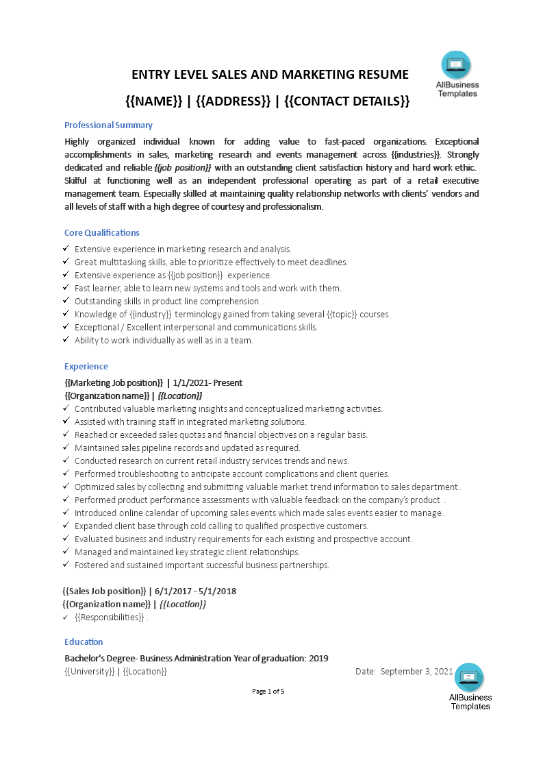 Entry-Level Sales Representative Resume template | Templates at
