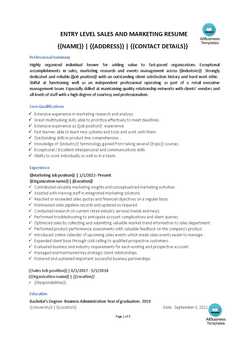 Entry-Level Sales Representative Resume template 模板