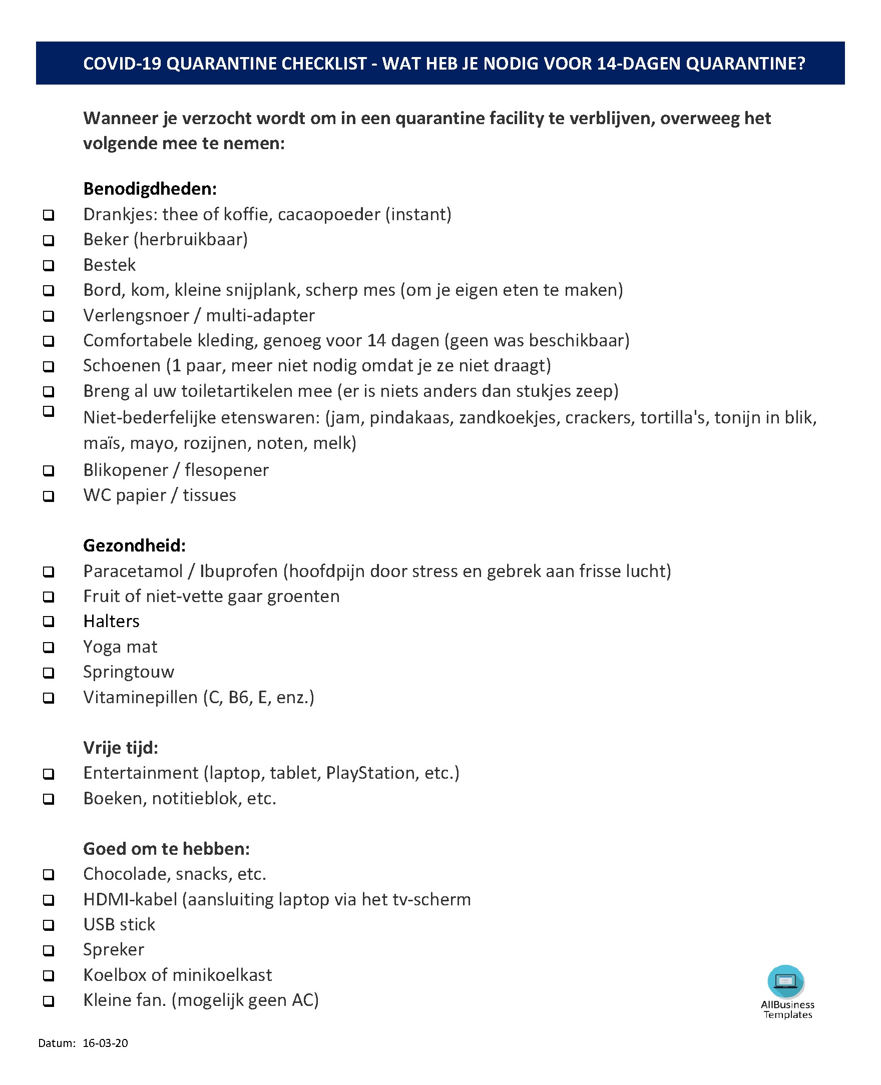 covid-19 quarantaine lijst benodigdheden voorbeeld afbeelding 