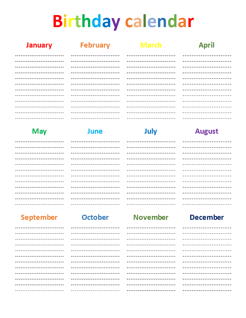 birthday calendar rainbow color chart voorbeeld afbeelding 