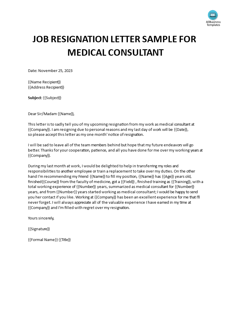medical consultant resignation letter template