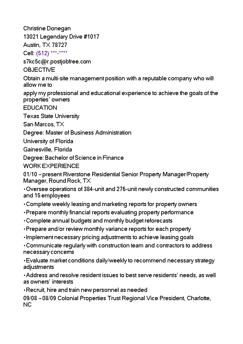 multi family property manager resume template