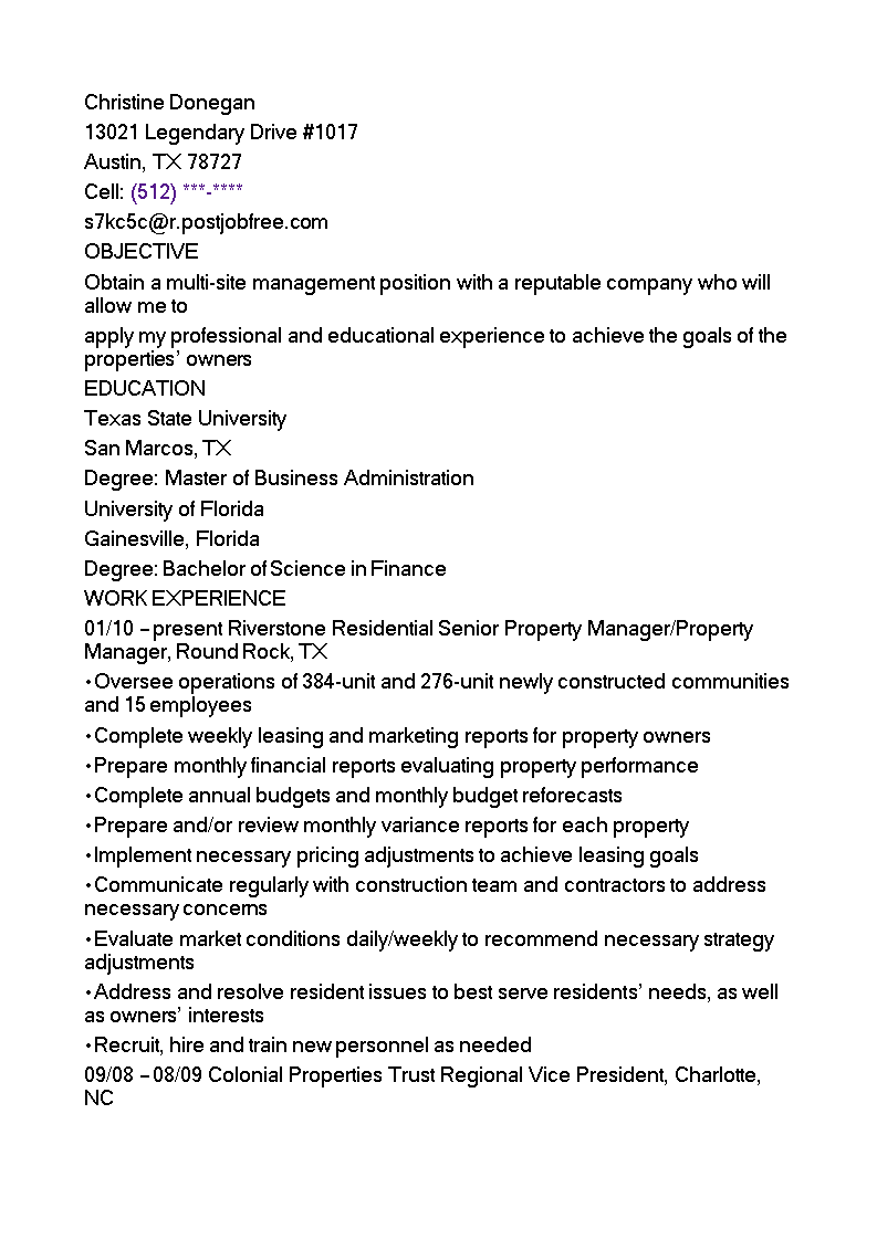 Multi Family Property Manager Resume main image