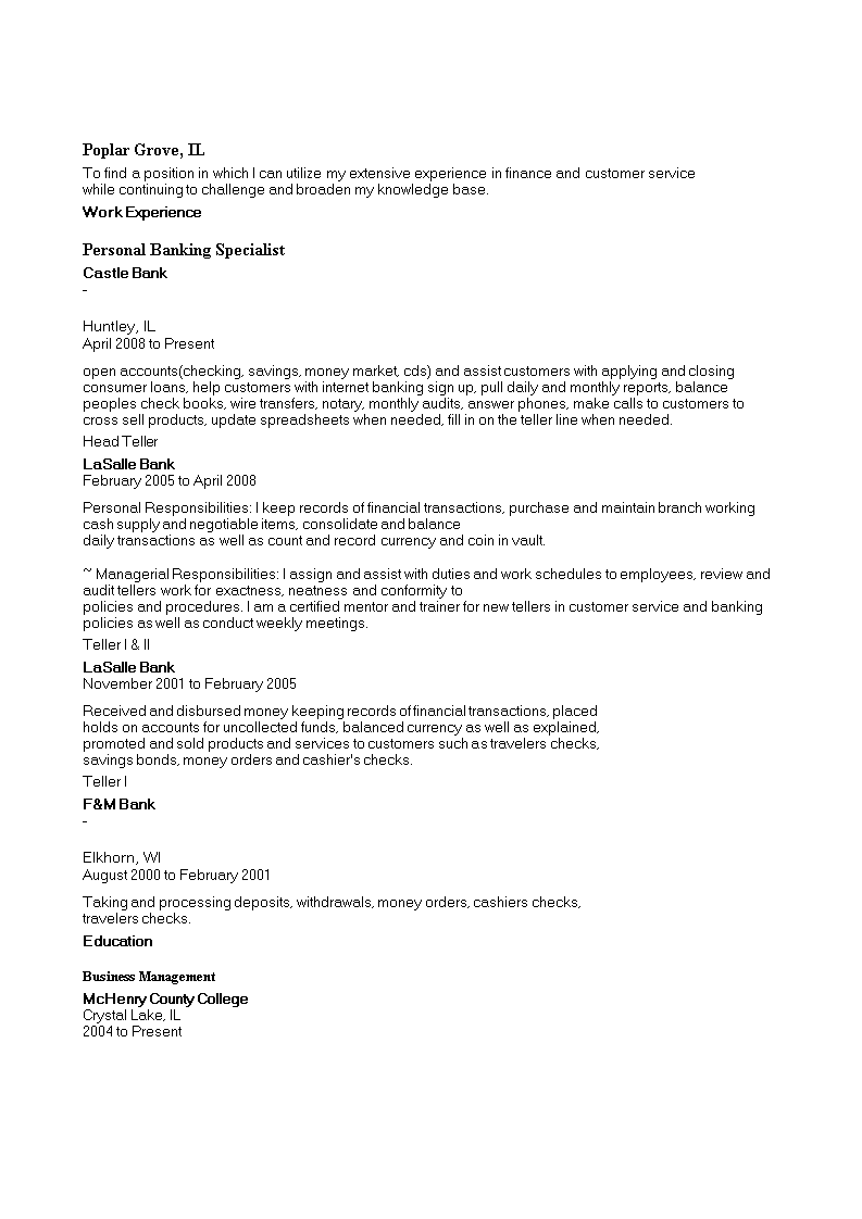 personal banking specialist curriculum vitae sample template