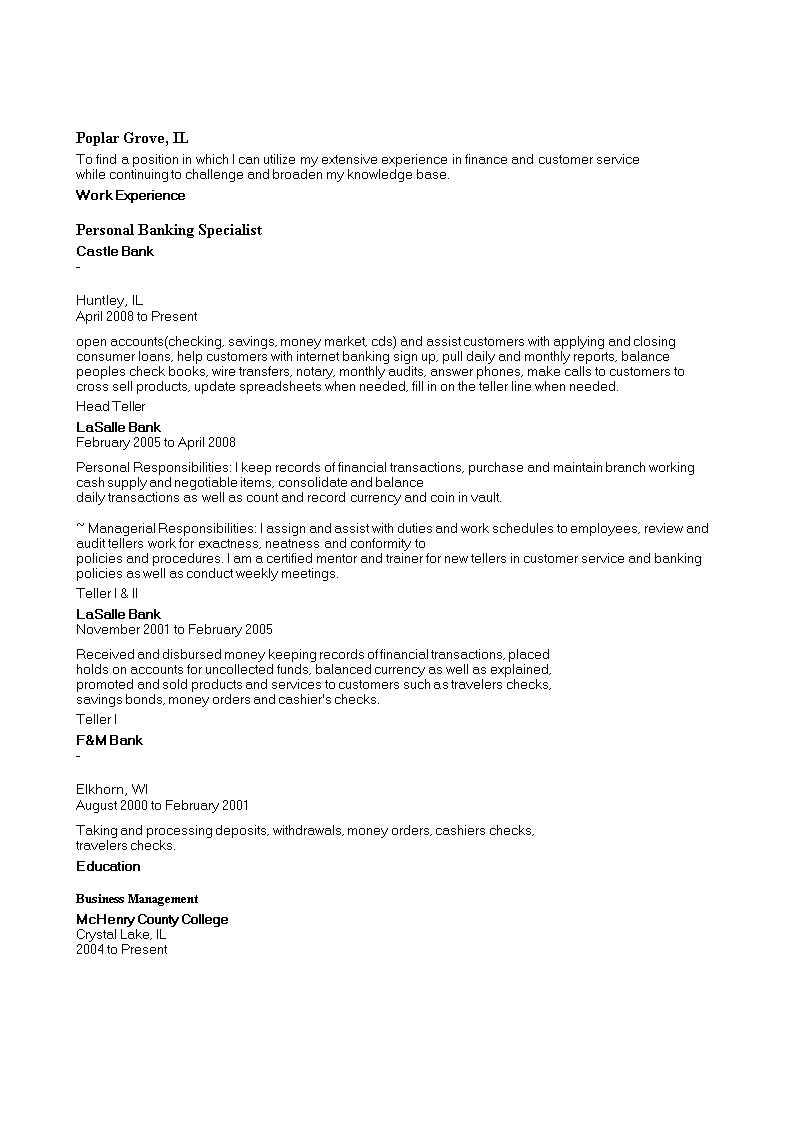 Personal Banking Specialist Curriculum Vitae sample main image