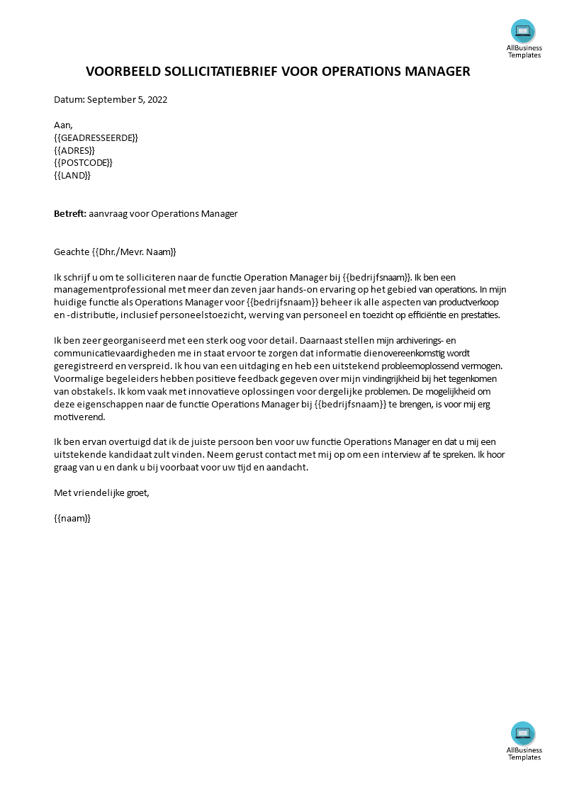 sollicitiatiebrief operations manager voorbeeld afbeelding 