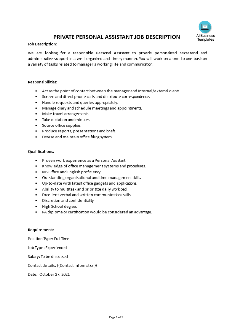 private personal assistant job description template