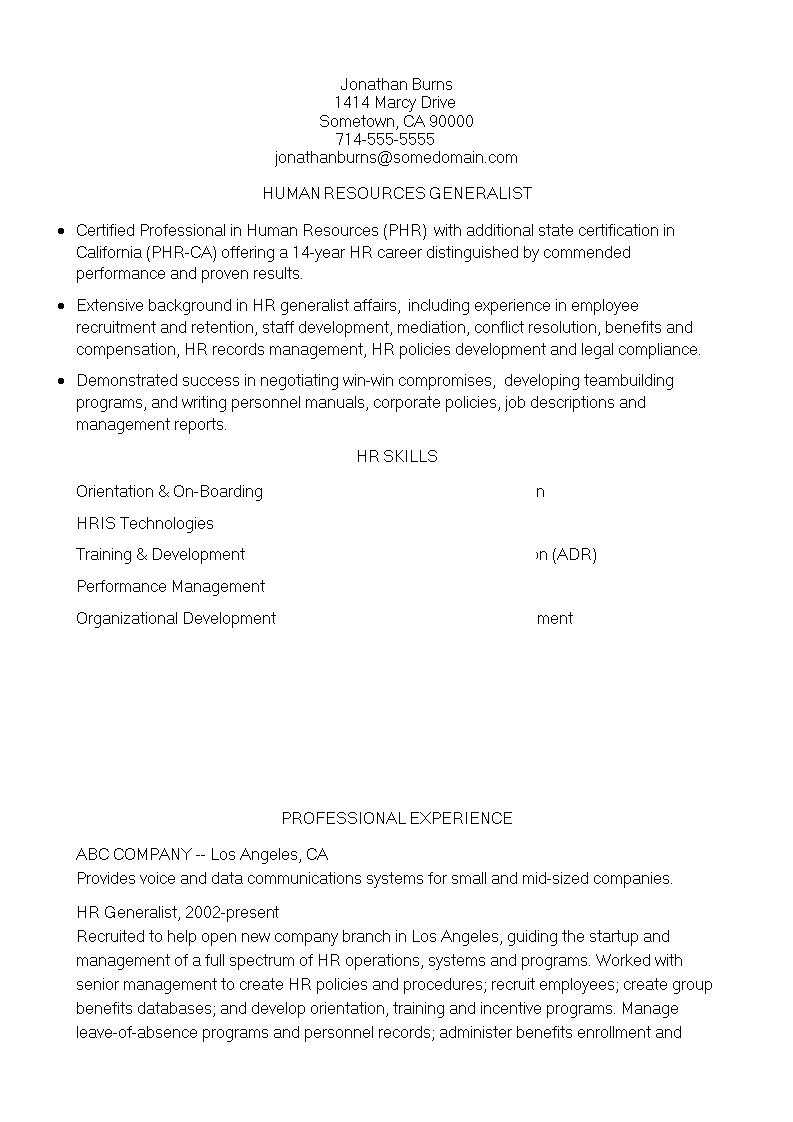 HR Experienced Resume Format 模板