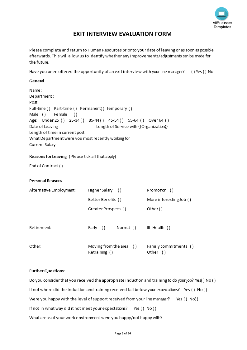 exit interview questionnaire modèles