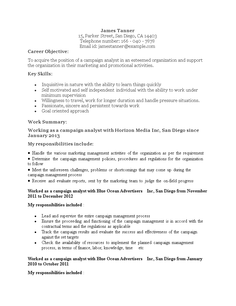 marketing campaign analyst resume modèles