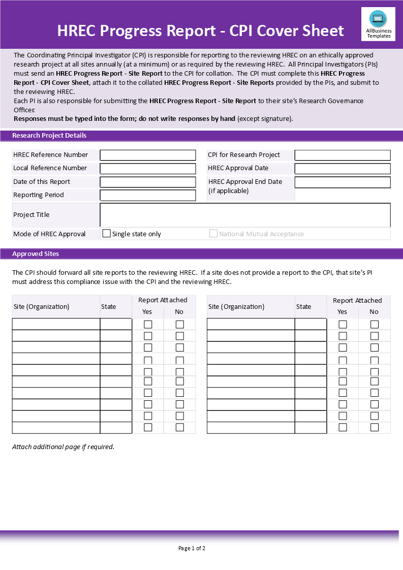 performance progress report cover page sheet template
