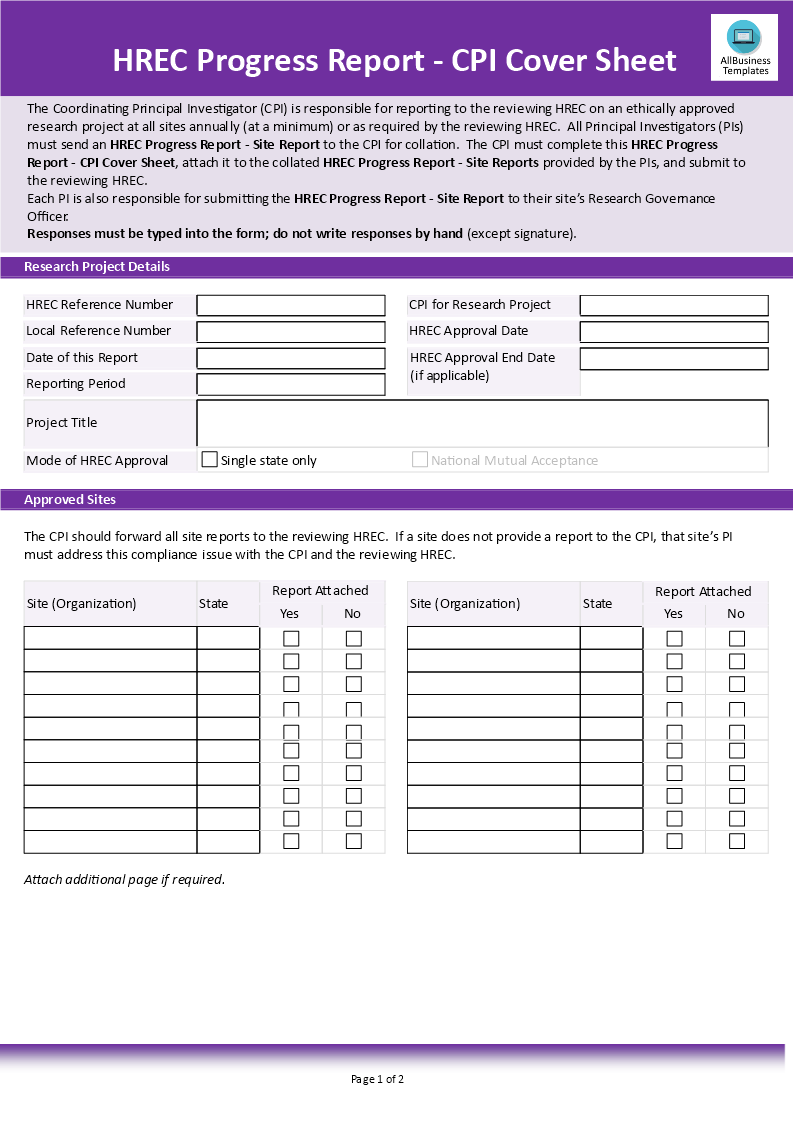 performance progress report cover page sheet Hauptschablonenbild