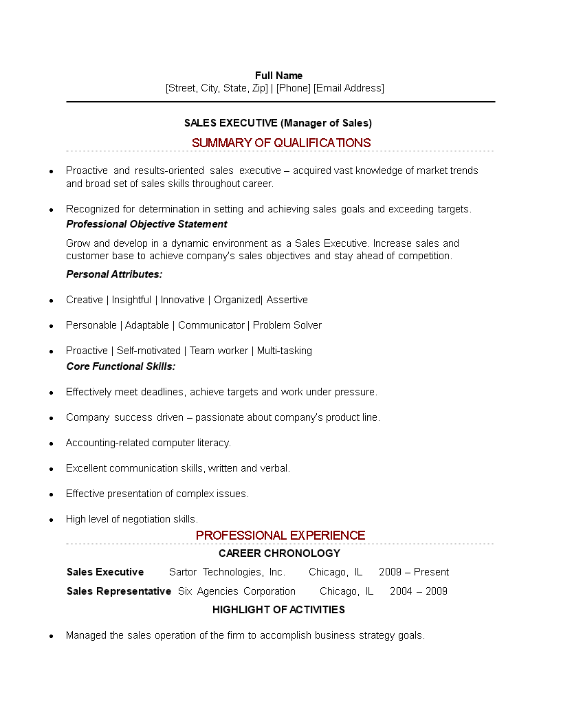 Sales Executive Job Resume Sample | Templates at allbusinesstemplates.com