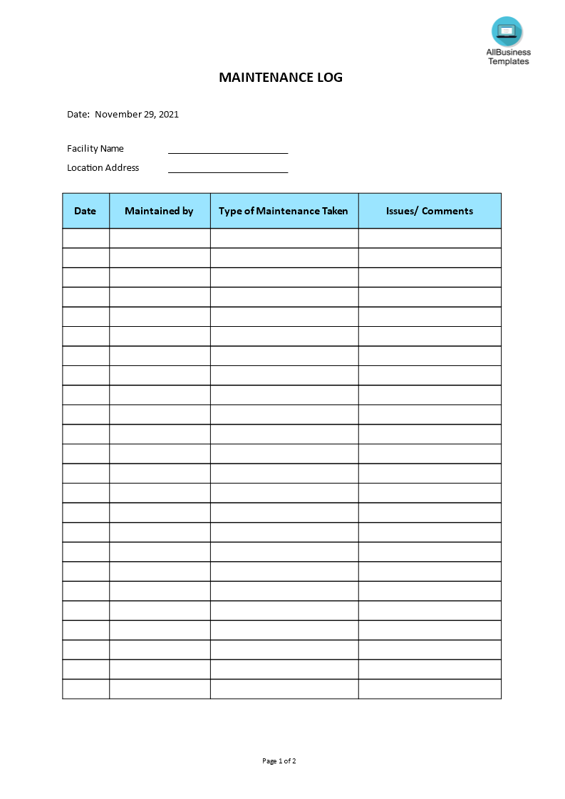 maintenance log template