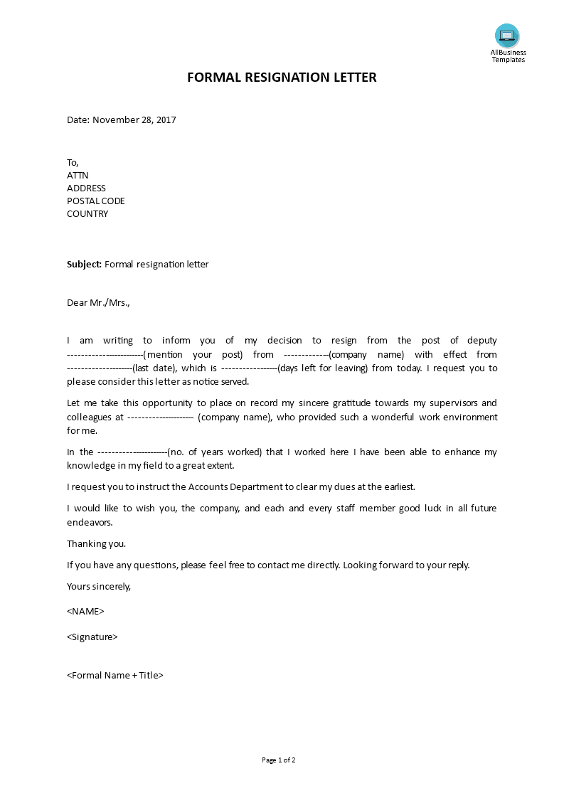 formal deputy post resignation letter template