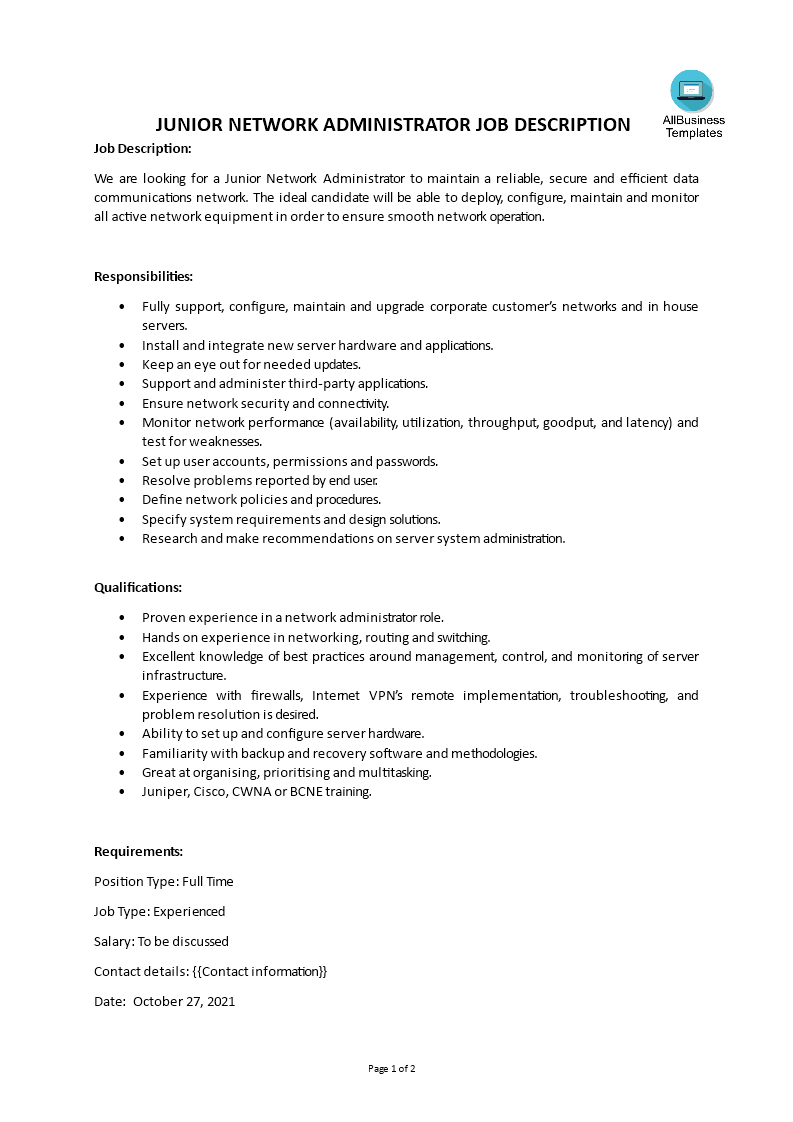 Junior Network Administrator Job Description main image