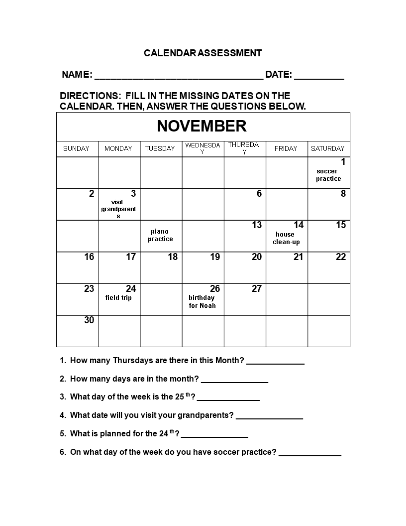 Assessment Calendar sample 模板