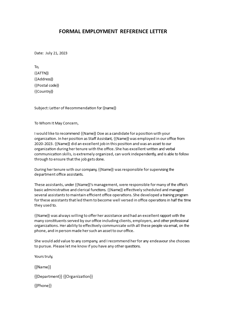 generic employment reference letter template