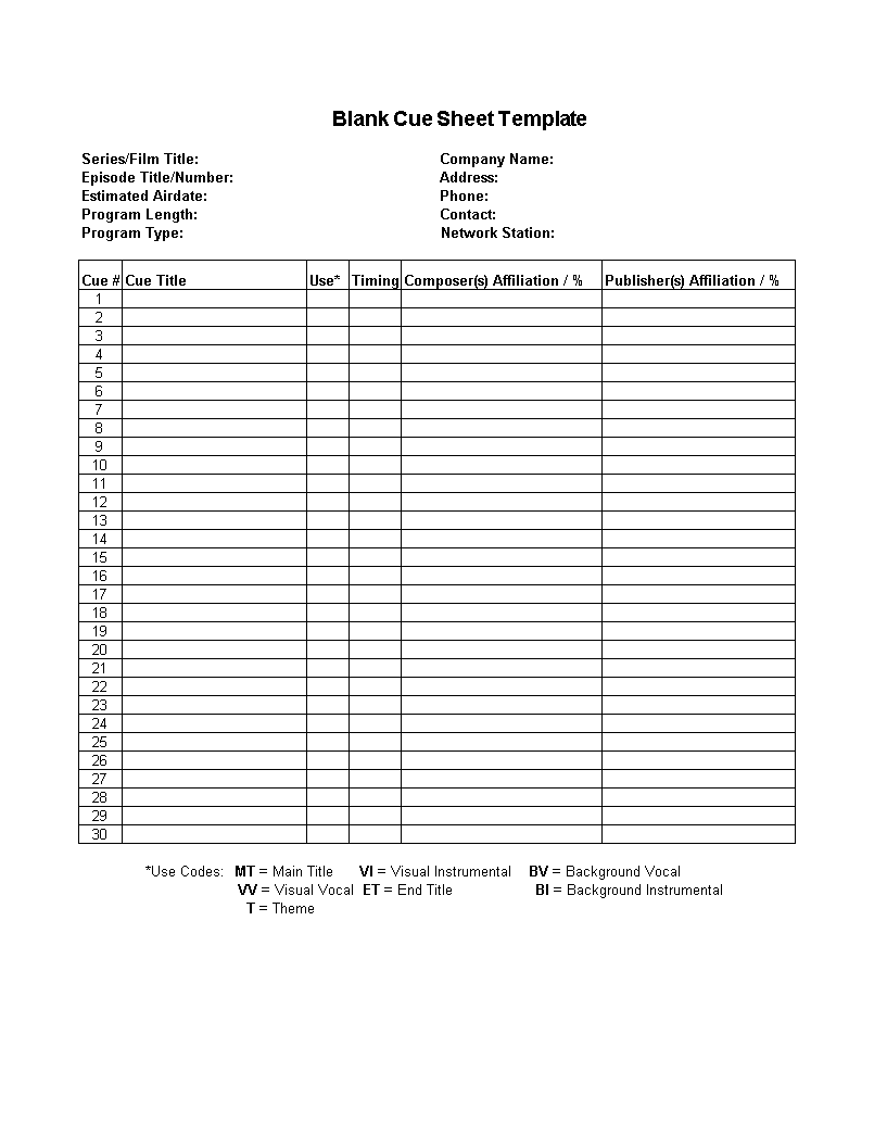 excel blank cue sheet template