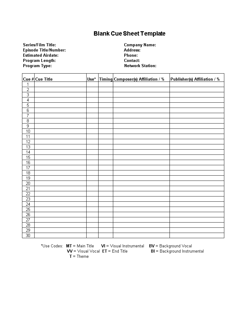 excel blank cue sheet plantilla imagen principal