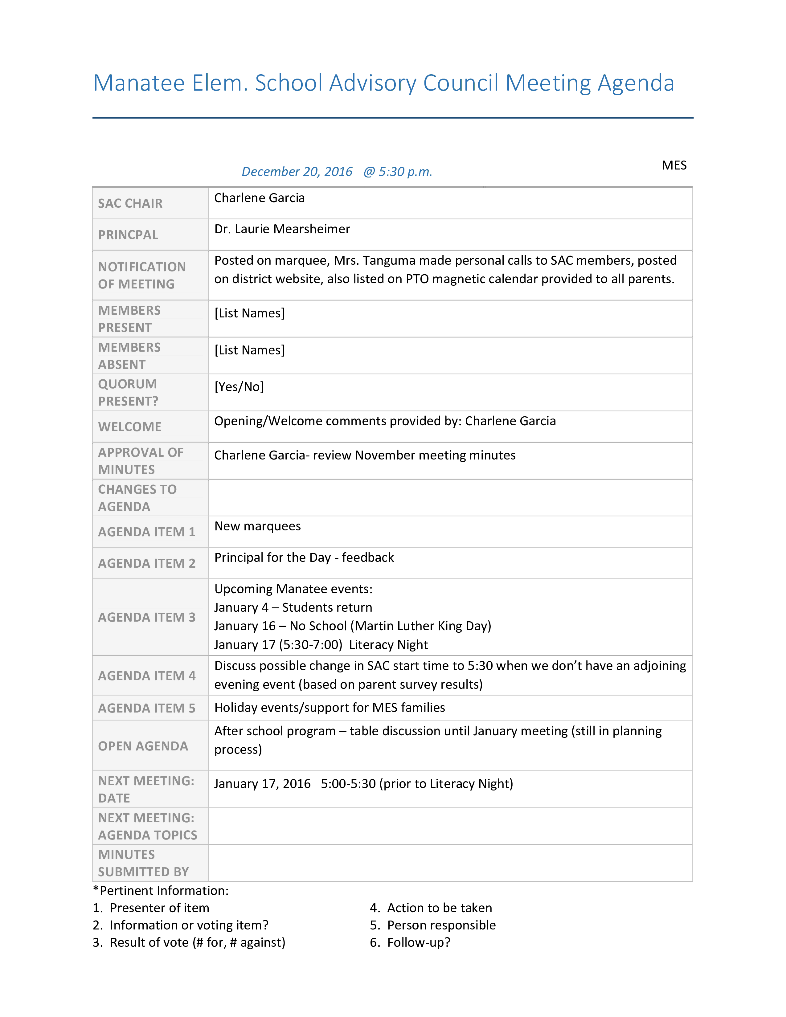 school advisory council meeting agenda template